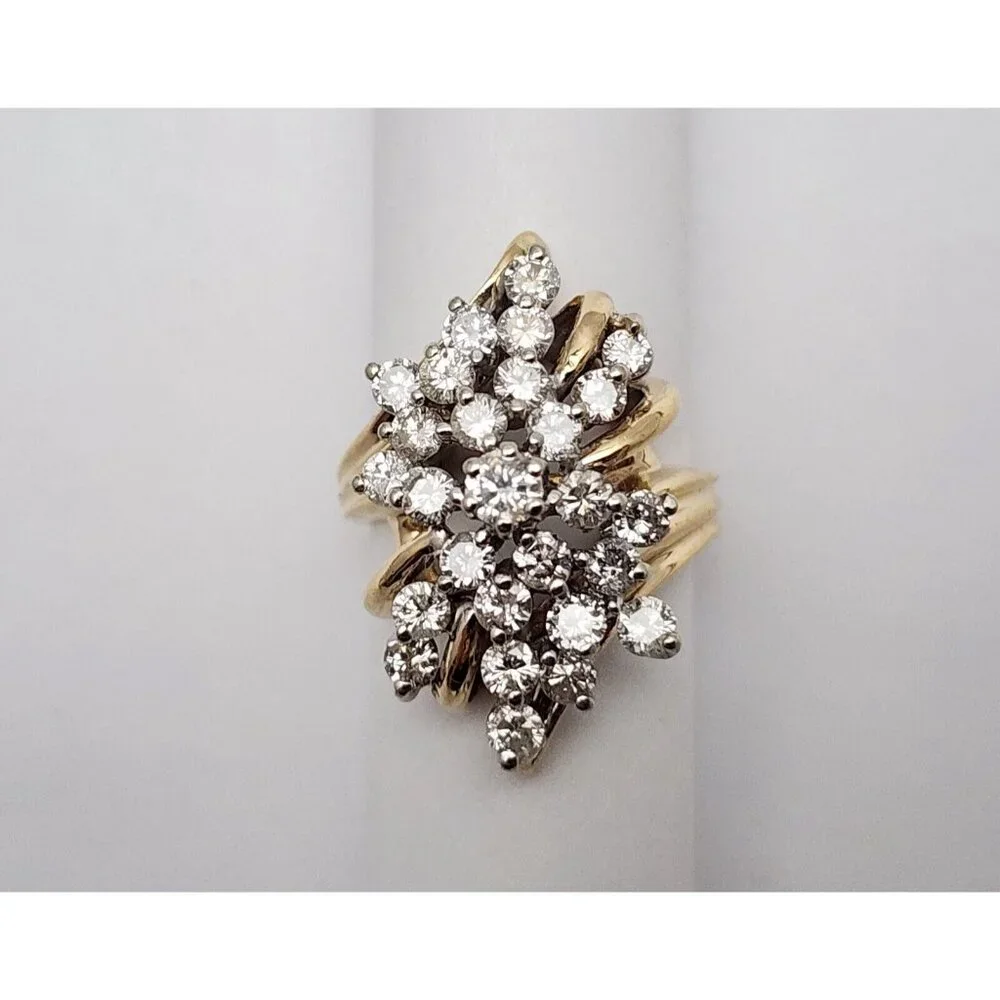 Unique 14K Karat Solid Yellow Gold Designer Round Diamond Cluster Ring - Size 6